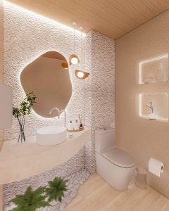Lavabo biofílico e sensorial de uma recepção Clínica - Letícia Beraldo Arquitetura e Interiores | Neuroarquitetura, Bem-estar e Saúde
