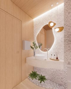 Lavabo biofílico e sensorial de uma recepção Clínica - Letícia Beraldo Arquitetura e Interiores | Neuroarquitetura, Bem-estar e Saúde