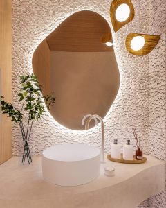 Lavabo biofílico e sensorial de uma recepção Clínica - Letícia Beraldo Arquitetura e Interiores | Neuroarquitetura, Bem-estar e Saúde