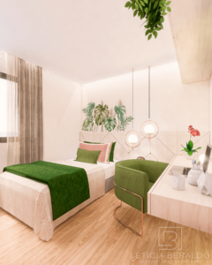 Suíte B.M., jovem, feminina e acolhedora - Letícia Beraldo Arquitetura e Interiores | Neuroarquitetura, Bem-estar e Saúde