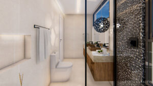 Banheiro Apê Recanto - aconchego, elegância e conexão com a natureza - Letícia Beraldo Arquitetura e Interiores | Neuroarquitetura, Bem-estar e Saúde