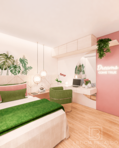 Suíte B.M., jovem, feminina e acolhedora - Letícia Beraldo Arquitetura e Interiores | Neuroarquitetura, Bem-estar e Saúde