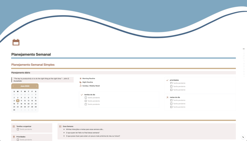 Planejamento semanal, com rotinas da manhã, noite e semanal, com organização manual da semana, arrastando as tarefas por dia e prioridade, e o Getting Things Done, que filtra o tipo de tarefa e quando será feita, com diversas propriedades e categorias para facilitar no seu dia a dia