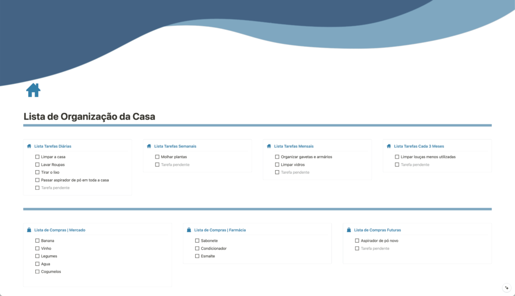 Listas de tarefas da casa diárias, semanais, mensais, e listas de compras separadas por categoria