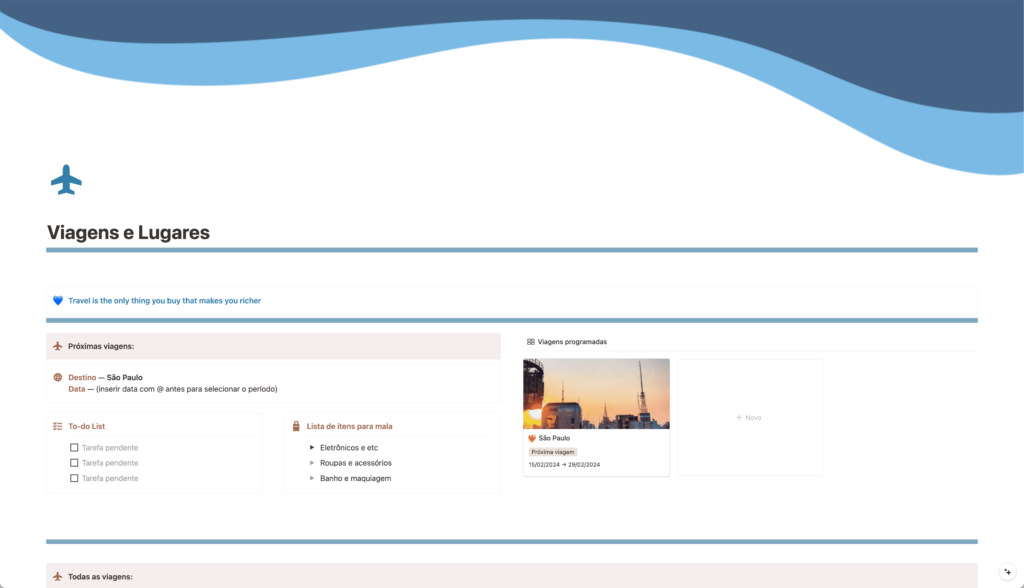 Organização de viagens e lugares inspiradores para conhecer algum dia, com lista de tarefas, lista para organização da mala, e base de cronograma e roteiro de viagem, com local para todas as informações necessárias para programar suas viagens