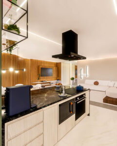 Cozinha Apê Refúgio Lerner, aconchegante e elegante- Letícia Beraldo Arquitetura e Interiores | Neuroarquitetura, Bem-estar e Saúde