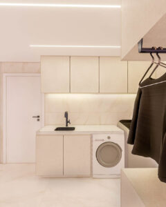 Lavanderia Apê Refúgio Lerner, aconchegante e elegante- Letícia Beraldo Arquitetura e Interiores | Neuroarquitetura, Bem-estar e Saúde