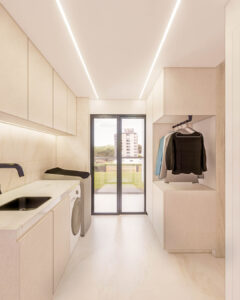 Lavanderia Apê Refúgio Lerner, aconchegante e elegante- Letícia Beraldo Arquitetura e Interiores | Neuroarquitetura, Bem-estar e Saúde