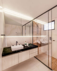 Banheiro Suíte Apê Refúgio Lerner, aconchegante e elegante- Letícia Beraldo Arquitetura e Interiores | Neuroarquitetura, Bem-estar e Saúde