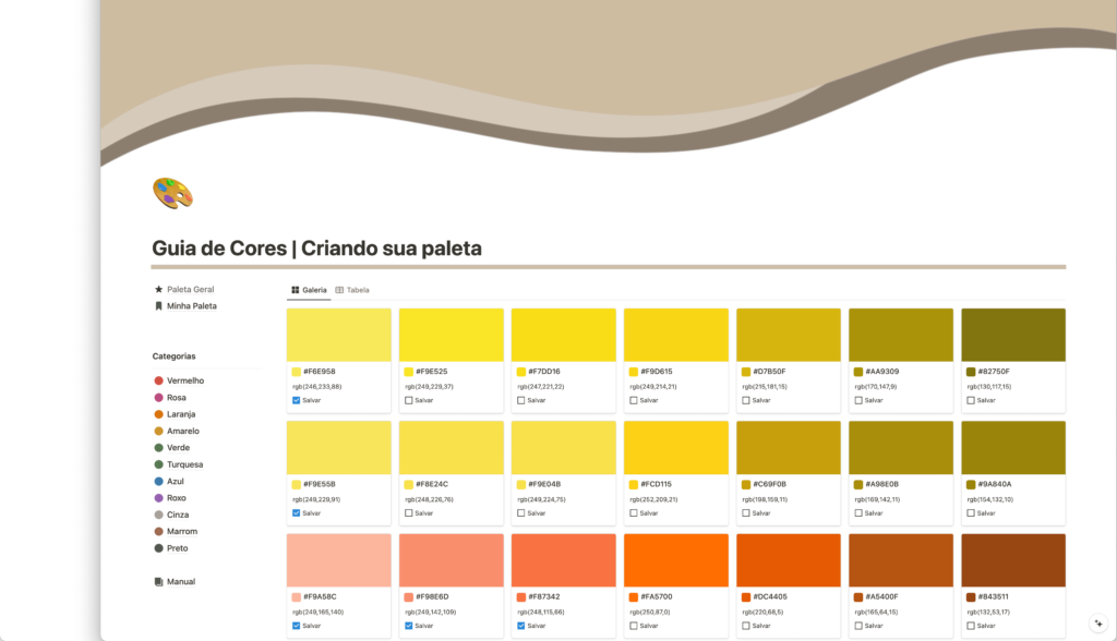 Guia de cores incluso no Meu Guia, para consulta de códigos de cores e criação de paletas personalizadas compartilháveis