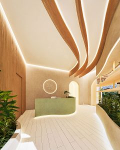 Recepção do Studio de Yoga, equilibrado e acolhedor - Letícia Beraldo Arquitetura e Interiores | Neuroarquitetura, Bem-estar e Saúde