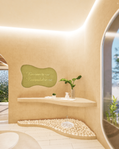 Recepção do Studio de Yoga, equilibrado e acolhedor - Letícia Beraldo Arquitetura e Interiores | Neuroarquitetura, Bem-estar e Saúde