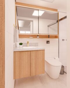 Banheiro Apê Maresia, pacífico e acolhedor - Letícia Beraldo Arquitetura e Interiores | Neuroarquitetura, Bem-estar e Saúde