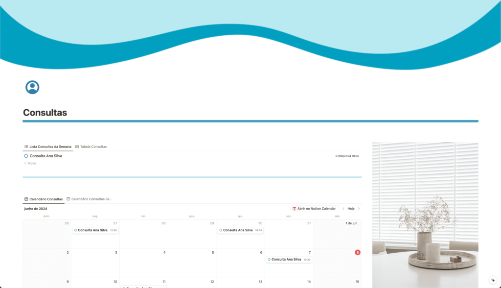 Todas as consultas realizadas, com visualização de calendário e anotações internas. São integradas com os pacientes, para facilitar a análise de evolução de cada um 