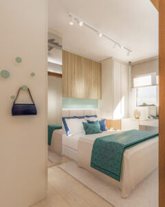 Suíte Apê Maresia, pacífico e acolhedor - Letícia Beraldo Arquitetura e Interiores | Neuroarquitetura, Bem-estar e Saúde