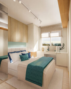 Suíte Apê Maresia, pacífico e acolhedor - Letícia Beraldo Arquitetura e Interiores | Neuroarquitetura, Bem-estar e Saúde