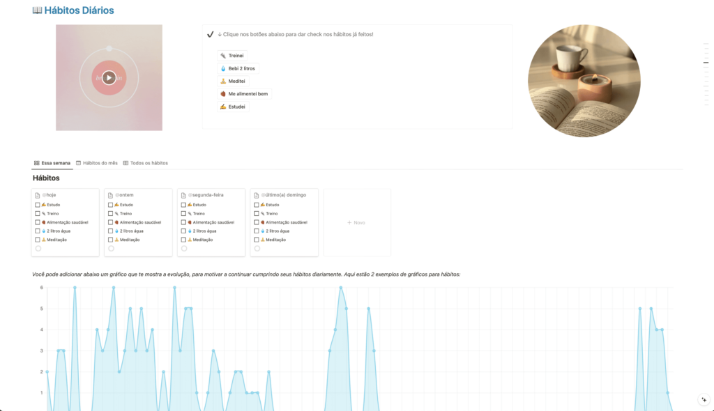 Hábitos diários, com possibilidade de check, gráfico de conclusão, e acompanhamento por visualização por semana, mês, e ano! Visualize seus hábitos com gráficos que te motivam a continuar executando o que deseja!