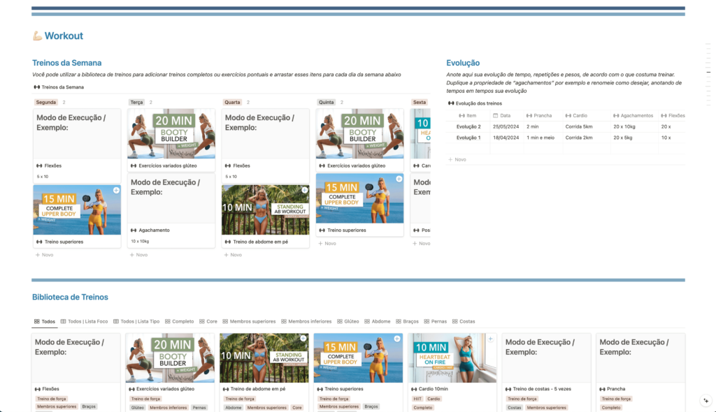 Treinos da semana, biblioteca de treinos organizada por categorias para salvar e organizar a sua semana, e também um espaço para anotar sua evolução de exercícios específicos que desejar progredir!