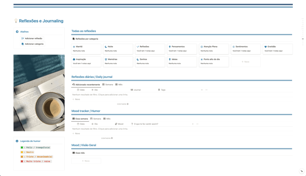 Espaço para inserir reflexões, ideias, e itens que gostaria de registrar como gratidão, memórias e inspiração. Cada reflexão salva será organizada dentro das categorias, e também registrando o humor que estava no momento do registro, podendo visualizar no Mood Tracker!