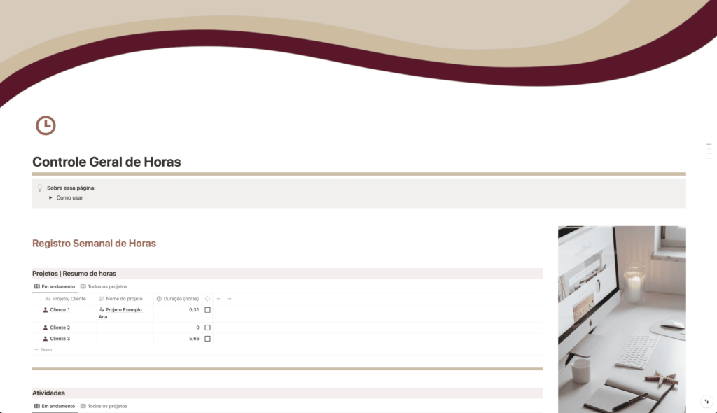 Registro de horas semanais e mensais, por projeto, para organização das tarefas realizadas, etapas e responsáveis