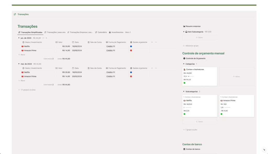 Transações, com entradas e saídas organizadas por mês, com várias informações como forma de pagamento, cartão, e o quanto gastou em relação ao orçamento mensal da categoria