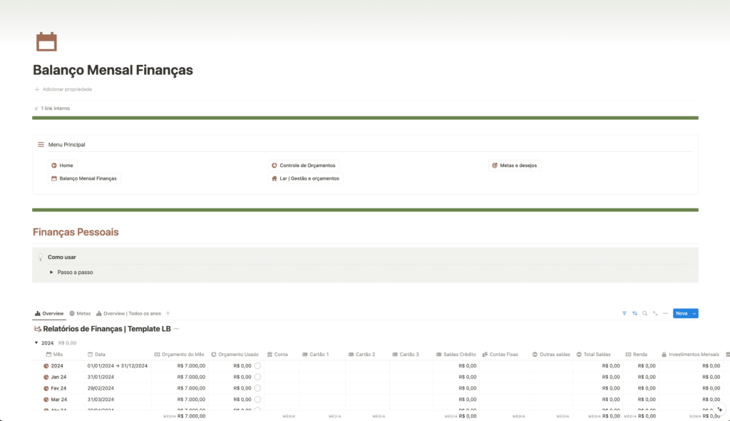 Balanço mensal das finanças, para acompanhar e analisar mensalmente suas entradas, saídas, e investimentos mensais