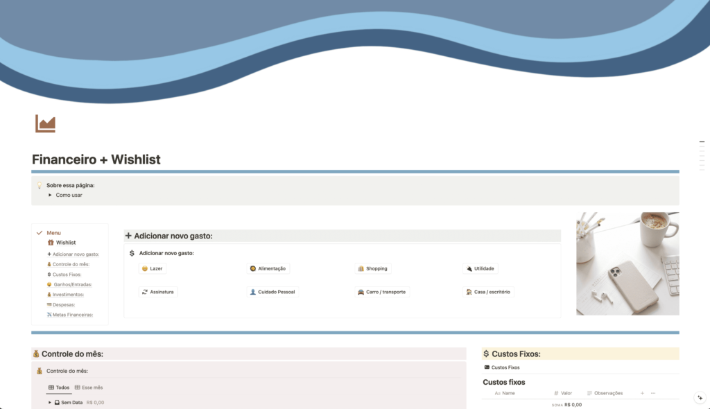 Página de controle financeiro, com botões para registrar gastos, e planilhas de controle mensal, ganhos, despesas, investimentos e metas financeiras, de forma prática e fácil