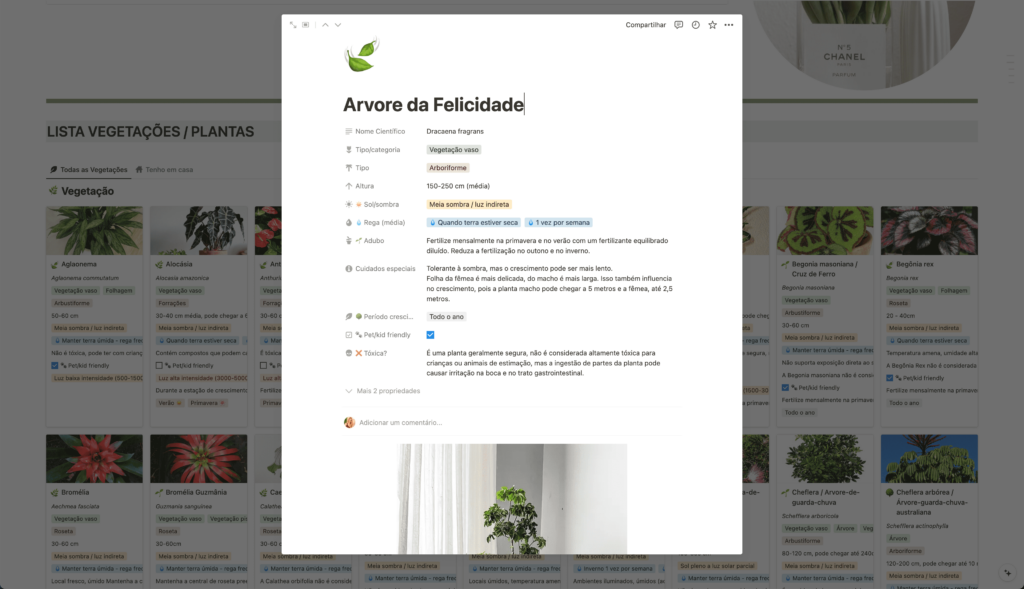 Base completa de informações sobre plantas e vegetações, com categoria, altura, modo de cuidado quanto à rega, sol, sombra, adubação, cuidados especiais, se é tóxica para pets e crianças, e muito mais!