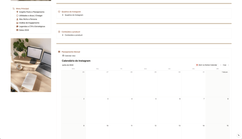 Organize e planeje sua produção de conteúdos do Instagram e outras redes sociais! Página inicial com organização de calendário editorial, posts da semana e conteúdos a produzir 