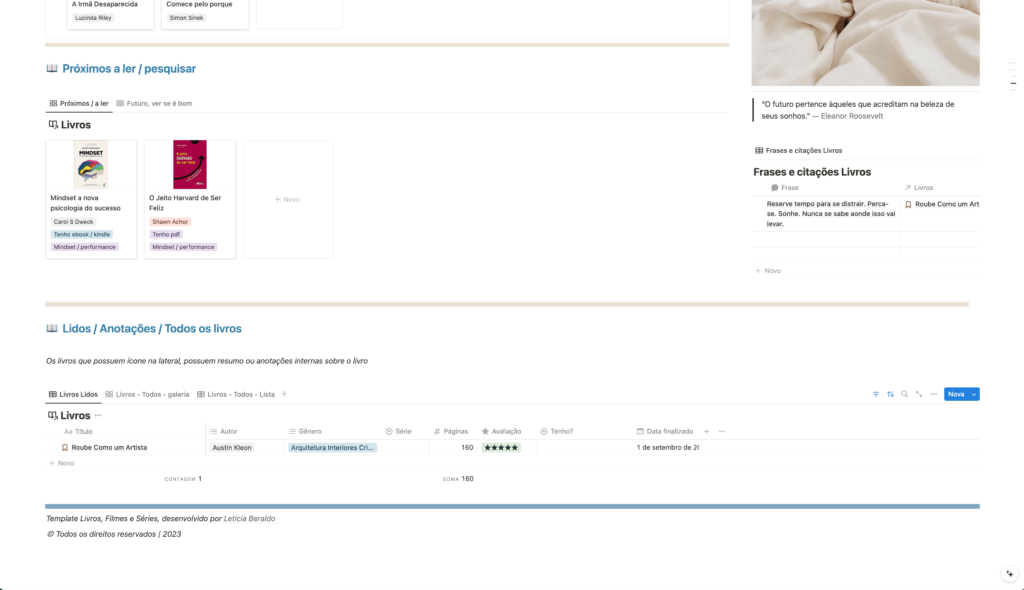 Seção completa de livros, com lista de livros lendo, próximos, lidos, frases, citações e resenhas de cada livro lido, além de classificações e avaliações de cada um