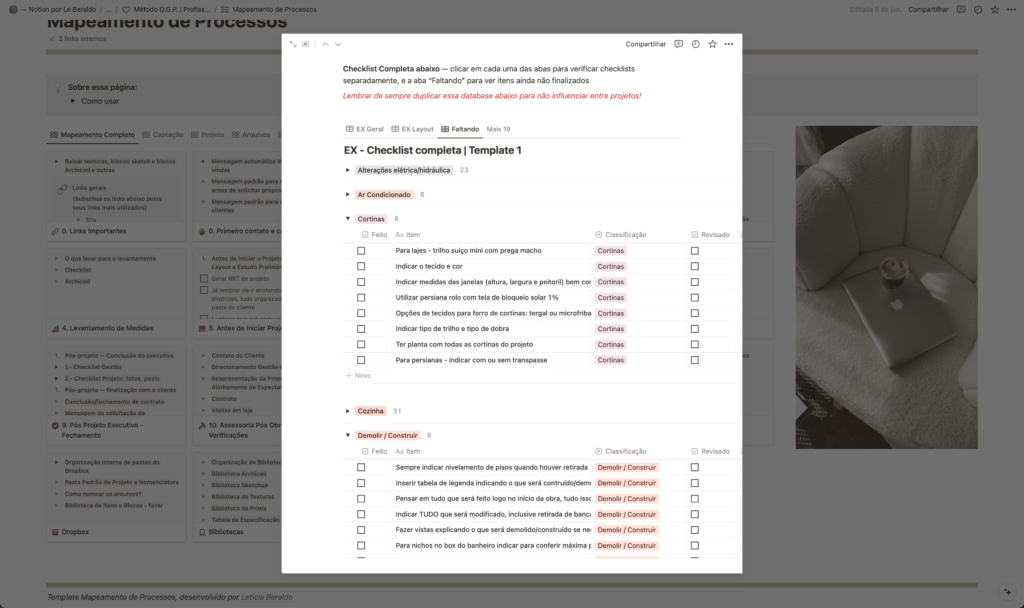 Possui SUPER BÔNUS da minha CHECKLIST DE PROJETO EXECUTIVO completa, além de diversos processos preenchidos para você personalizar como utiliza no seu dia a dia!