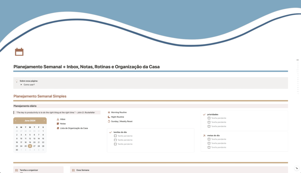 Planejamento semanal, organizado de 2 maneiras: o manual, onde você organiza sua semana arrastando as tarefas por dia e prioridade, e o Getting Things Done, que organiza de maneira a filtrar o tipo de tarefa e quando será feita, com diversas propriedades e categorias para facilitar no seu dia a dia, como tarefas rápidas ou que precisam de mais energia, por exemplo! 