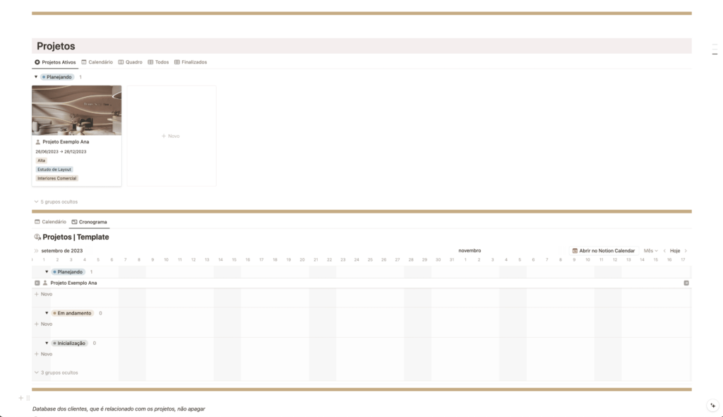 Organização de dados dos clientes, controle de projetos em andamento, e gestão dos projetos, incluindo: visualização de projetos em andamento, finalizados, calendário, e cronograma