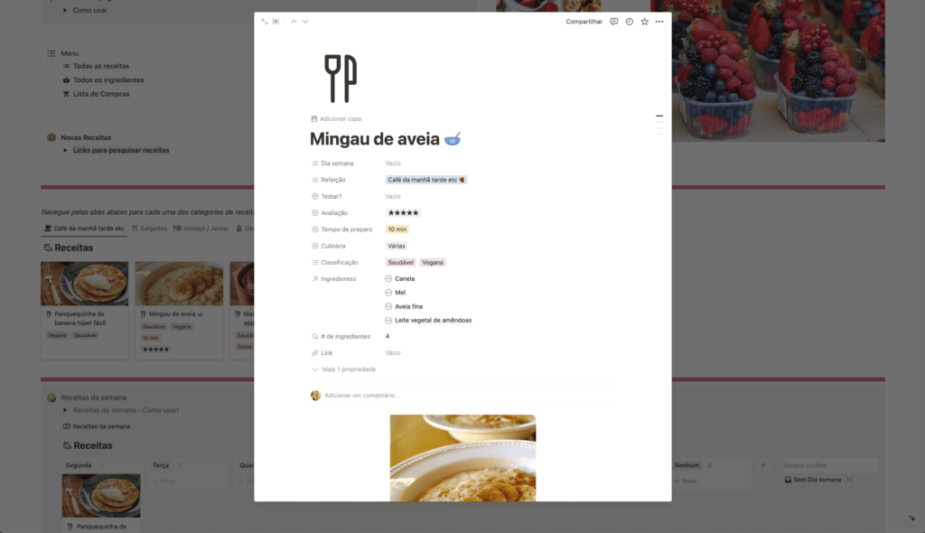 Possui lista de ingredientes, espaço para inserir foto, vídeo e texto de modo de preparo, tempo, avaliação, e mais categorias para facilitar a pesquisa e utilização das receitas! 