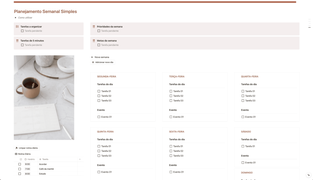 Planejamento Semanal, com rotina diária por horário, tarefas a organizar, tarefas de 5 minutos, prioridades da semana, metas da semana e organização das tarefas por dia da semana