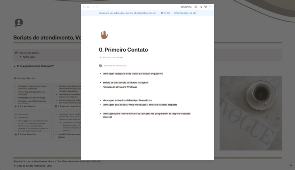 Scripts de contato durante processo de projeto, venda e upsell, com mensagens padrão para personalizar e explicar o seu trabalho