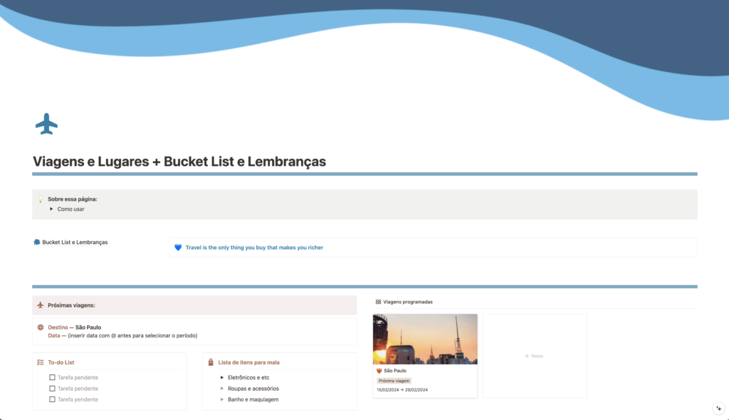 Organização de viagens e lugares inspiradores para conhecer algum dia, com lista de tarefas, lista para organização da mala, e base de cronograma e roteiro de viagem, com local para todas as informações necessárias