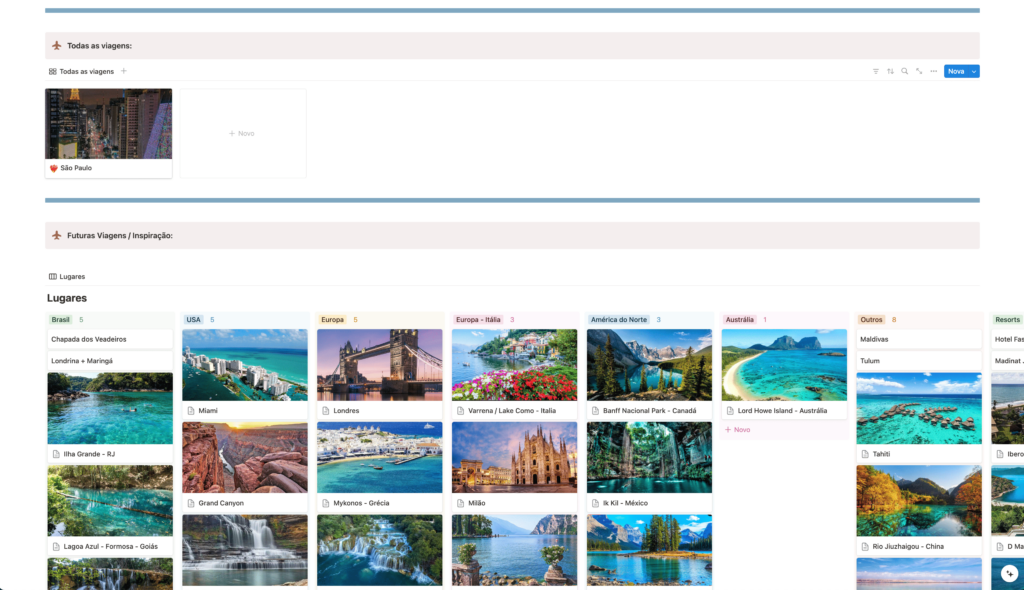Organização de viagens e lugares inspiradores para conhecer algum dia, com lista de tarefas, lista para organização da mala, e base de cronograma e roteiro de viagem, com local para todas as informações necessárias