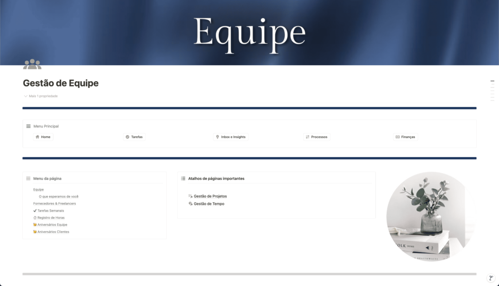 Página para organização da equipe, com atalhos para as páginas mais utilizadas no dia a dia, visual das tarefas que precisam ser feitas na semana, registro de horas, e datas importantes como aniversários da equipe e de clientes