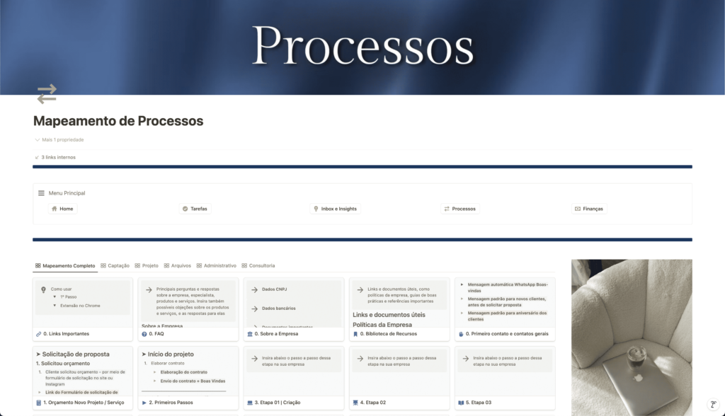 Todos os processos do escritório organizados em um local só, desde a captação de clientes, orçamento de novo projeto, até a finalização do projeto e tarefas administrativas! Todas as tarefas que devem ser feitas mais de uma vez, serão organizadas para economizar o máximo de tempo possível!