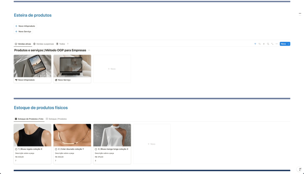 Esteira de produtos com infoprodutos e serviços, e também uma área completa para e-commerce e comércios, contando com estoque de produtos físicos, compras e entradas em estoque, vendas e saídas de estoque, fornecedores e controle de propostas, com todas essas seções integradas e automatizadas